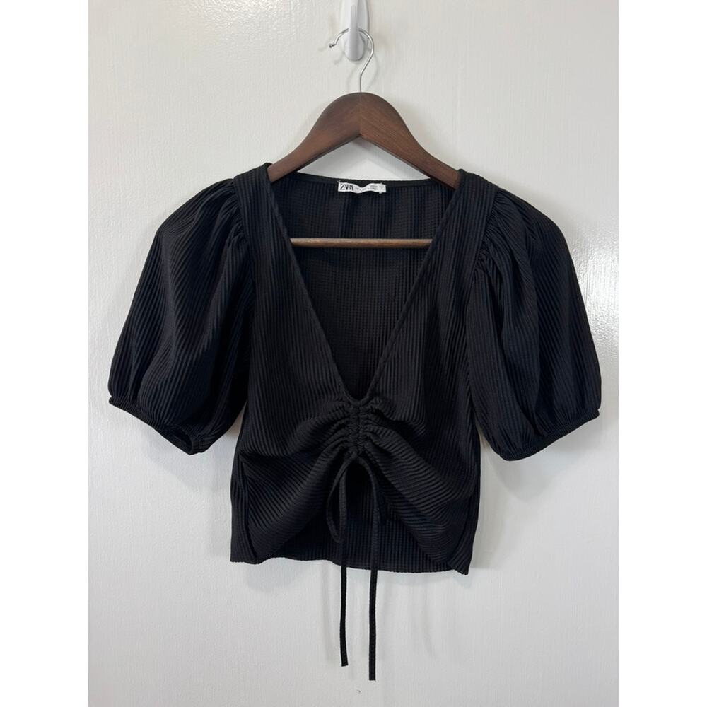 Zara Black Ribbed Puff Sleeve Ruched Drawstring Crop Top Sz S Whimsygoth Fairy